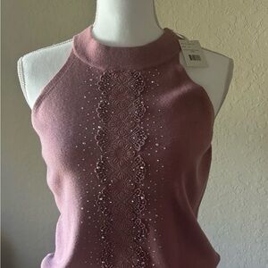Vila Milano Elegant Rose Gold Knit Top with Floral Embroidered Lace NWT Size M